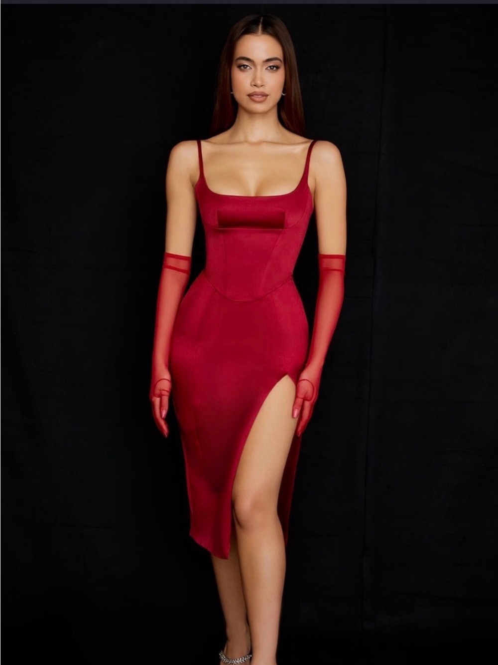 House of CB Elegant Red Satin Midi Dress with Thigh Slit